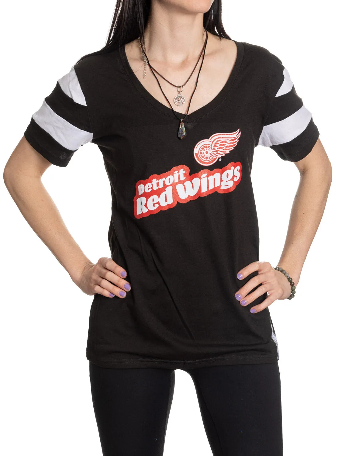 Official Licensed NHL Ladies' Retro Varsity Short Sleeve Vneck Tshirt--Detroit Red Wings