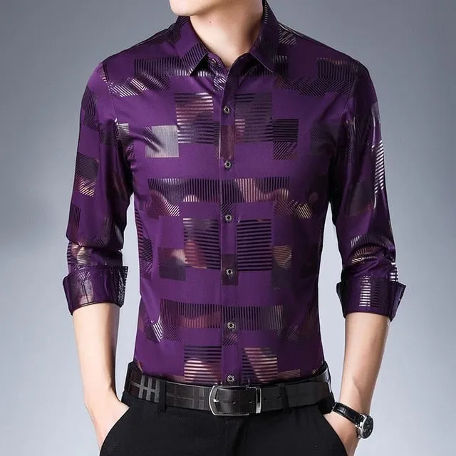 Plaid Stripe Shiny Men Semi Formal Slim Shirt