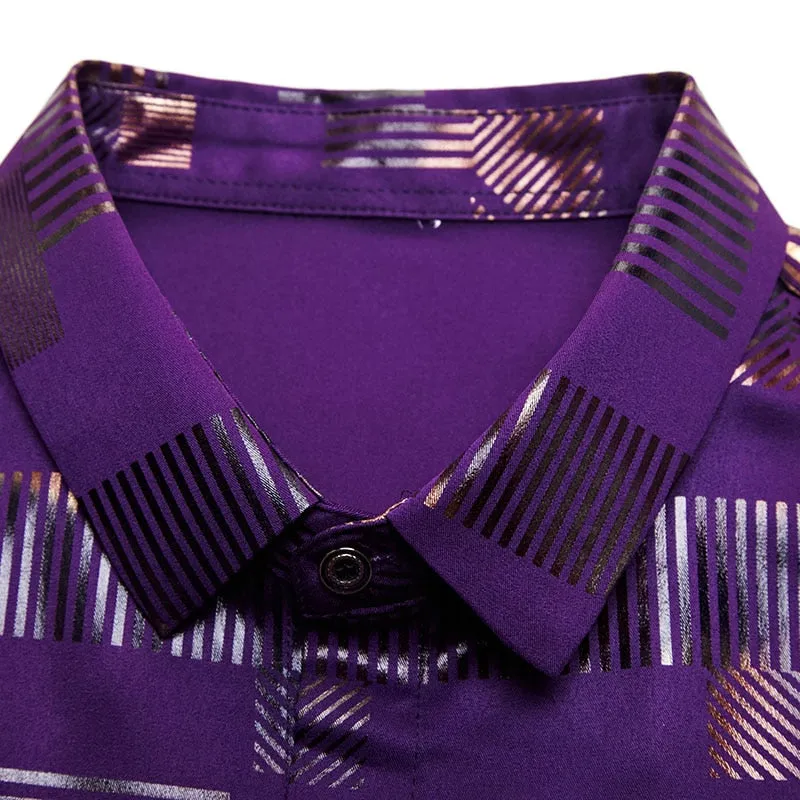 Plaid Stripe Shiny Men Semi Formal Slim Shirt