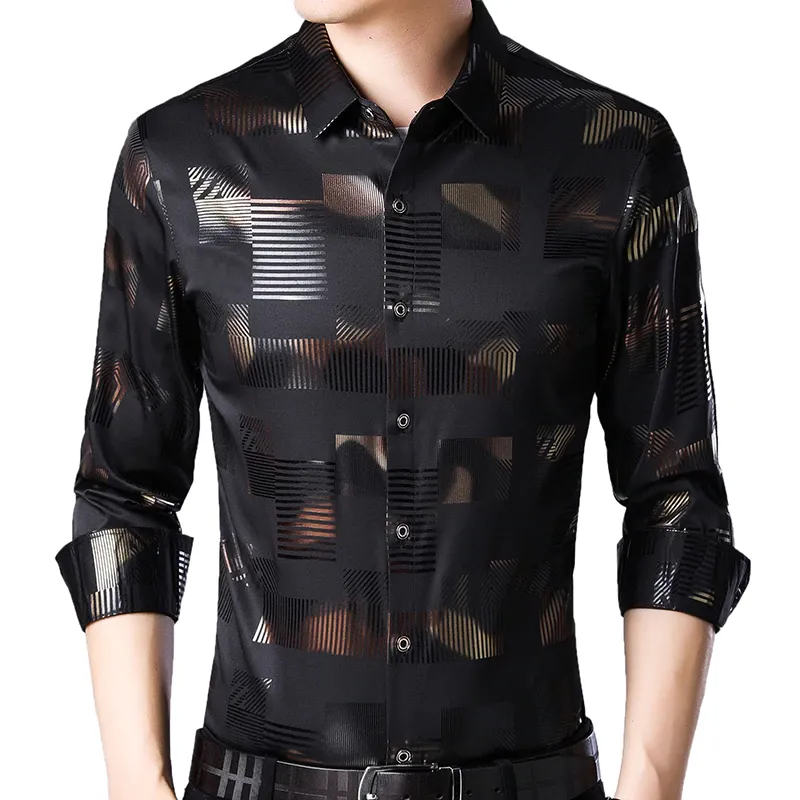 Plaid Stripe Shiny Men Semi Formal Slim Shirt