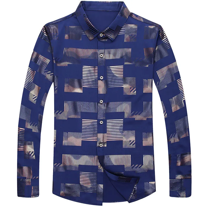 Plaid Stripe Shiny Men Semi Formal Slim Shirt