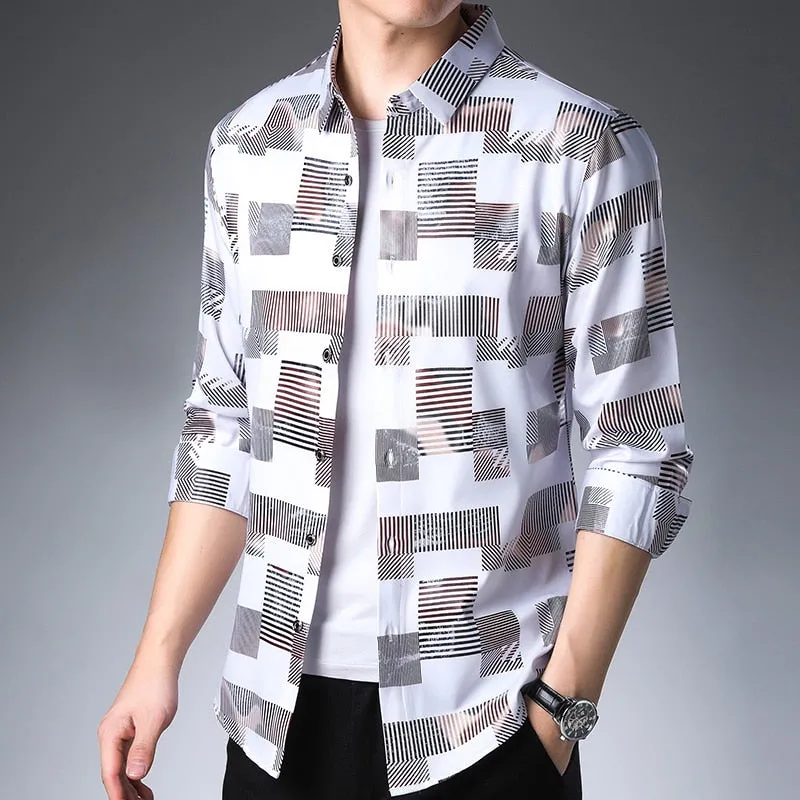 Plaid Stripe Shiny Men Semi Formal Slim Shirt