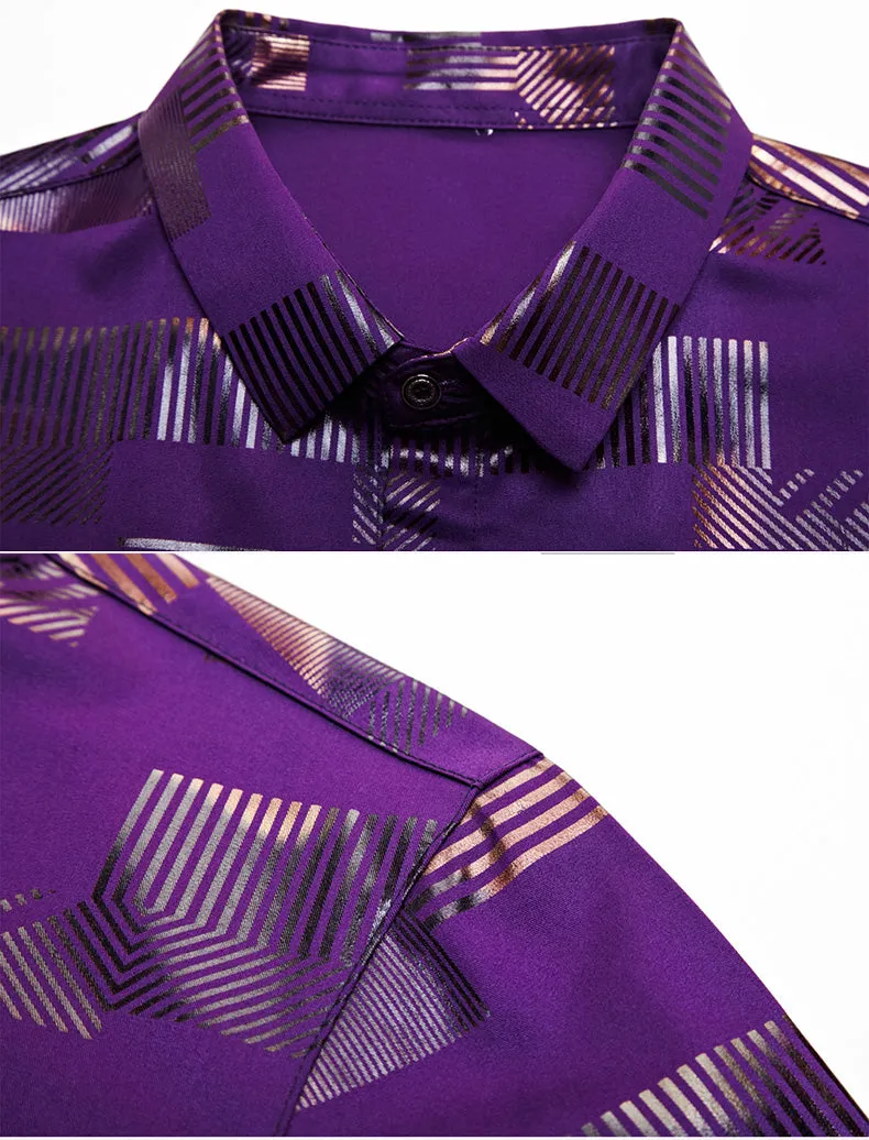 Plaid Stripe Shiny Men Semi Formal Slim Shirt