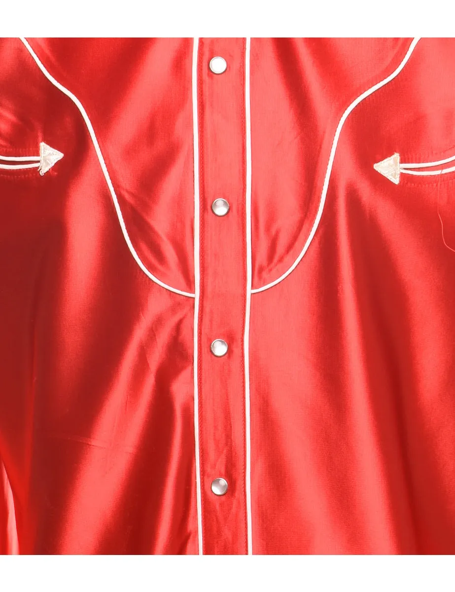 Red Shiny & Silky Embroidered Detail Western Shirt - L