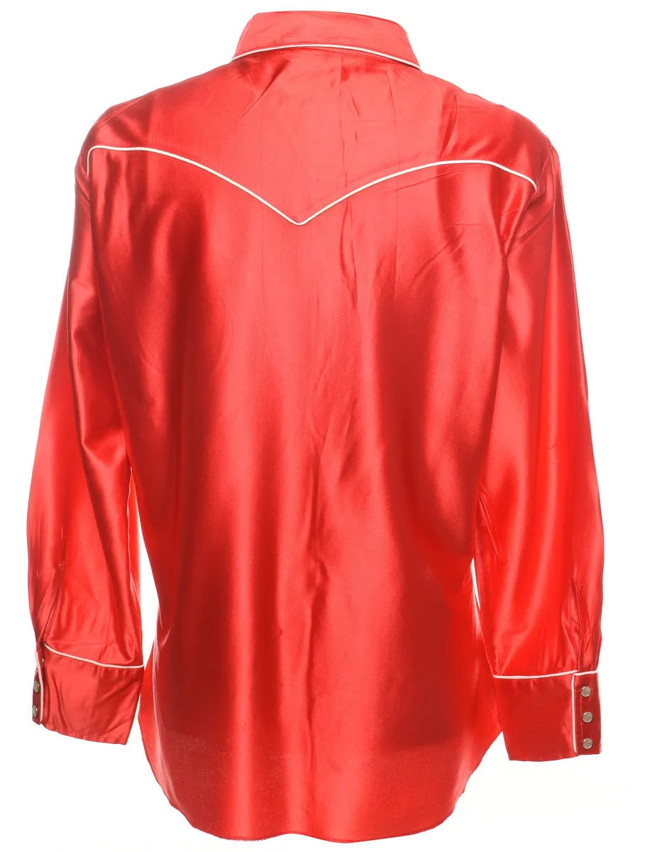 Red Shiny & Silky Embroidered Detail Western Shirt - L