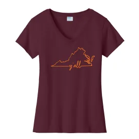 Virginia Y'All Outline Womens Fan Favorite V-Neck T-Shirt - Athletic Maroon