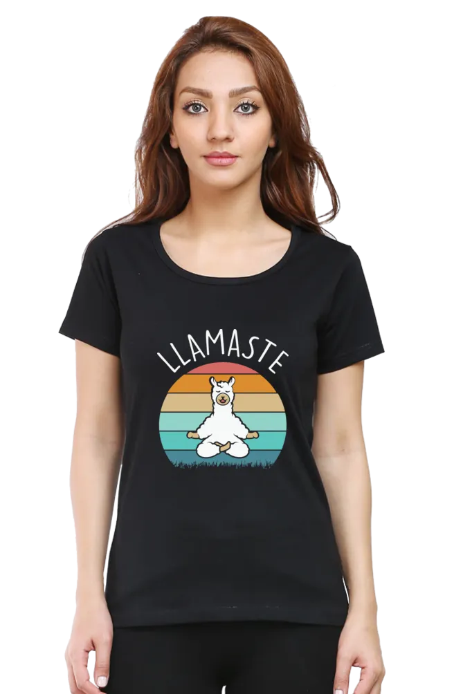 Women Round Neck Half Sleeves Classic T-Shirt - Lama Yoga Pose Meditation