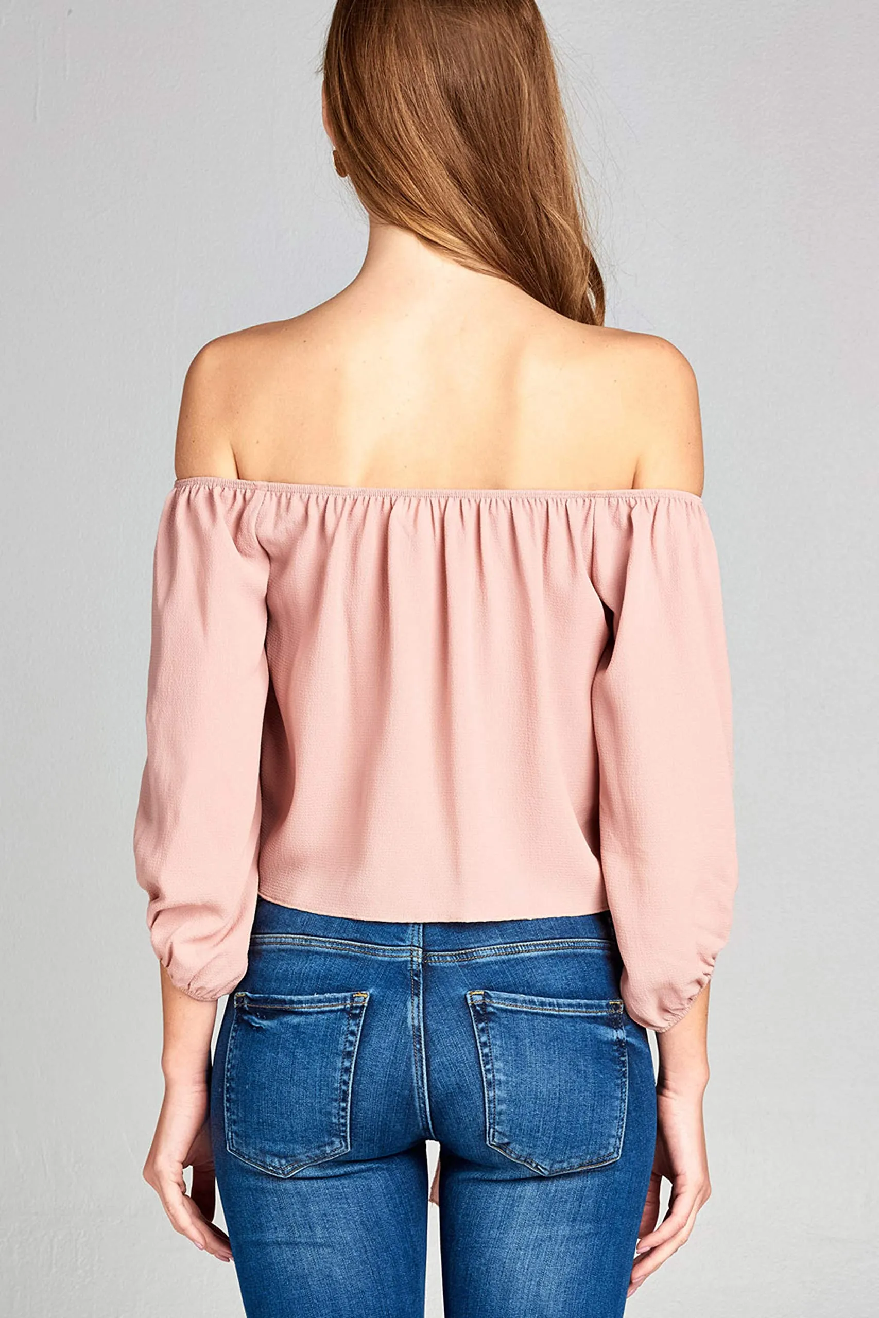 Women's Off the Shoulder Front Self Tie 3/4 Sleeve Crop Top