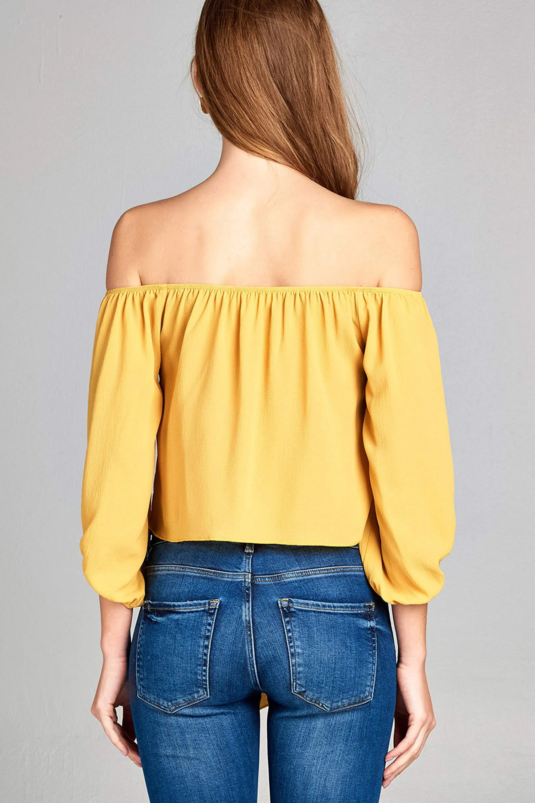 Women's Off the Shoulder Front Self Tie 3/4 Sleeve Crop Top