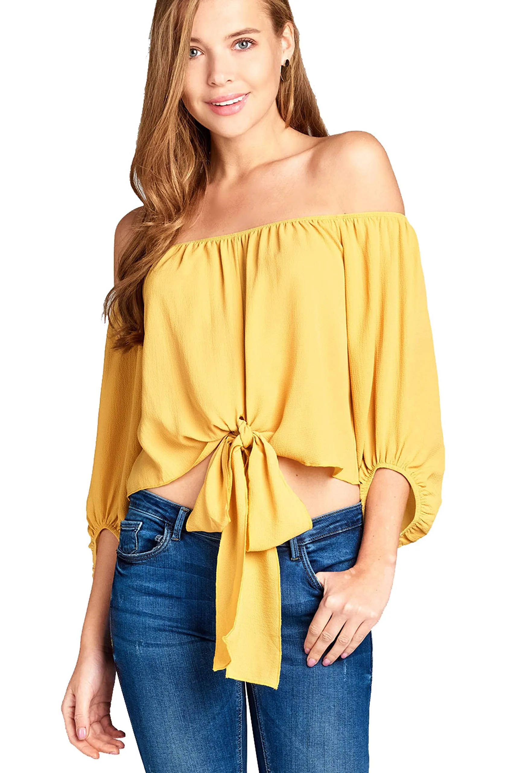 Women's Off the Shoulder Front Self Tie 3/4 Sleeve Crop Top