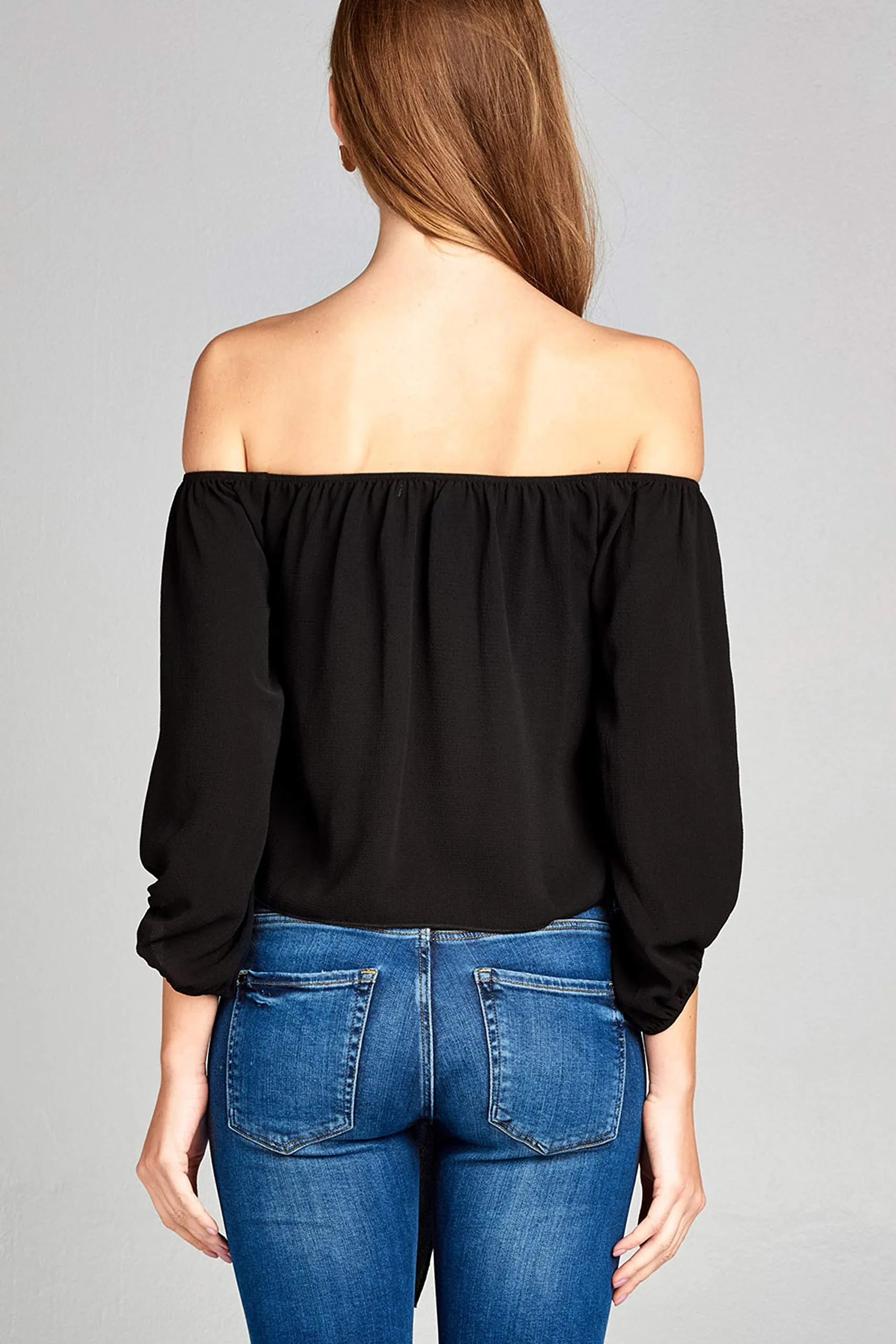 Women's Off the Shoulder Front Self Tie 3/4 Sleeve Crop Top