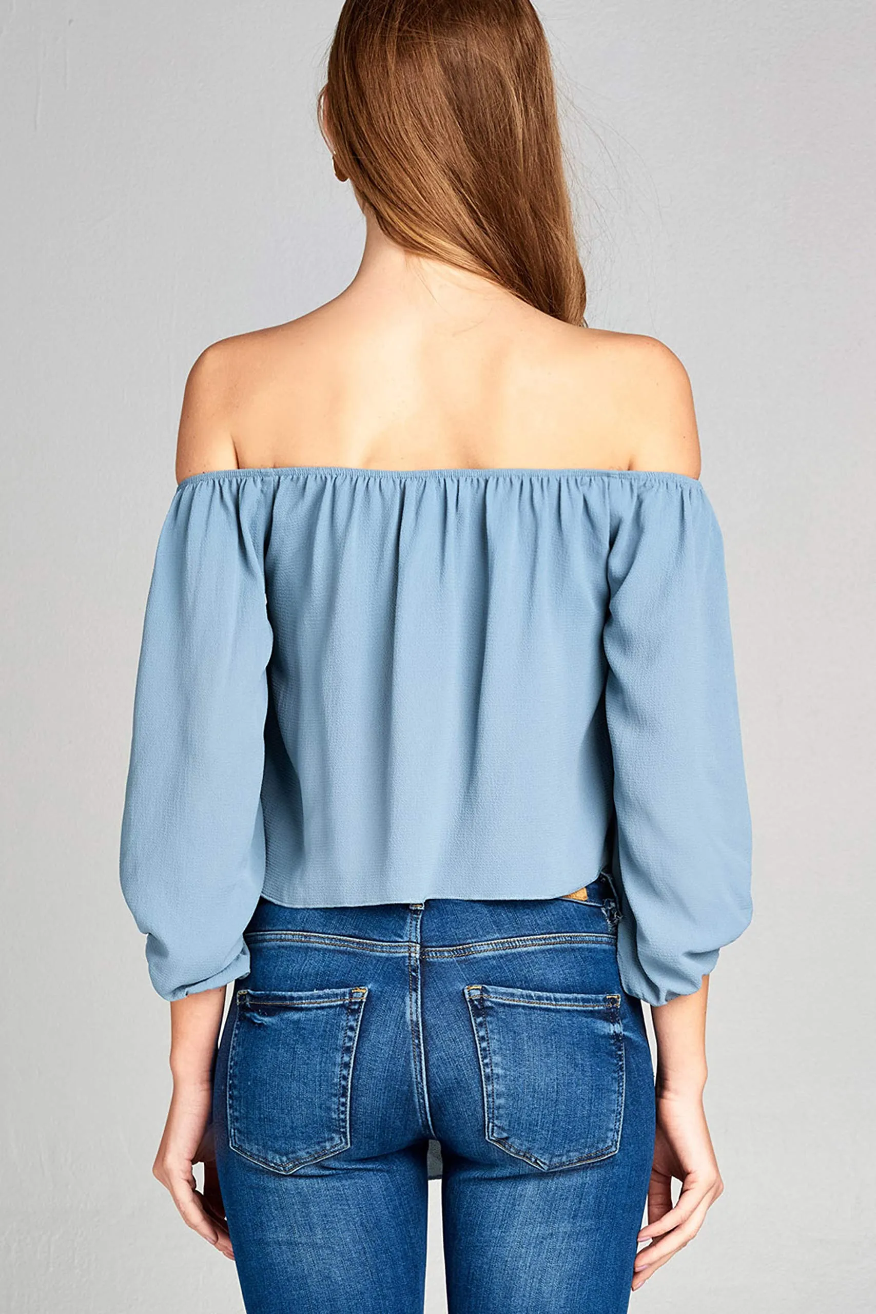 Women's Off the Shoulder Front Self Tie 3/4 Sleeve Crop Top